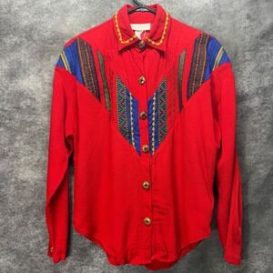 VTG 90s Cache Western Aztec Embroidered Button Up Shirt Size S Red Jewel Buttons
